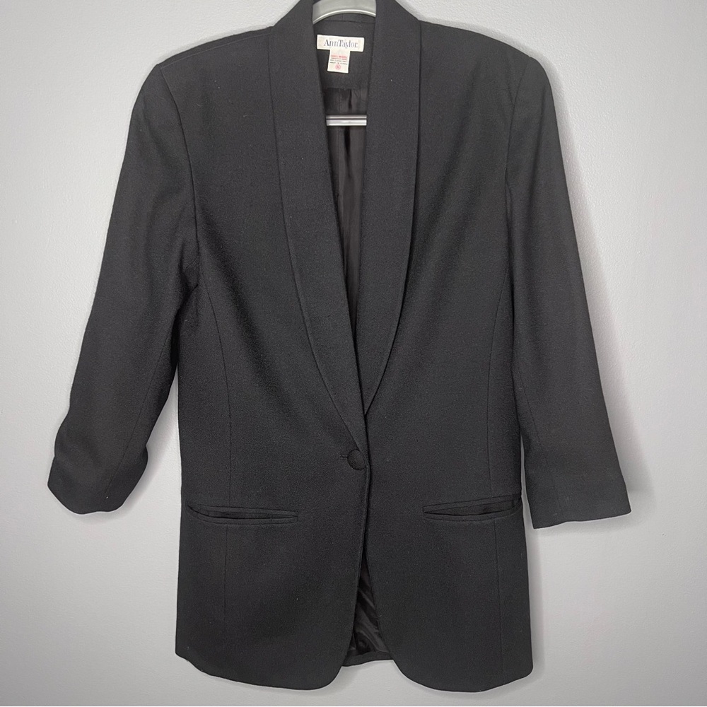 Ann Taylor Vintage 100% Wool Boyfriend style black blazer Shoulder pads 6 #26